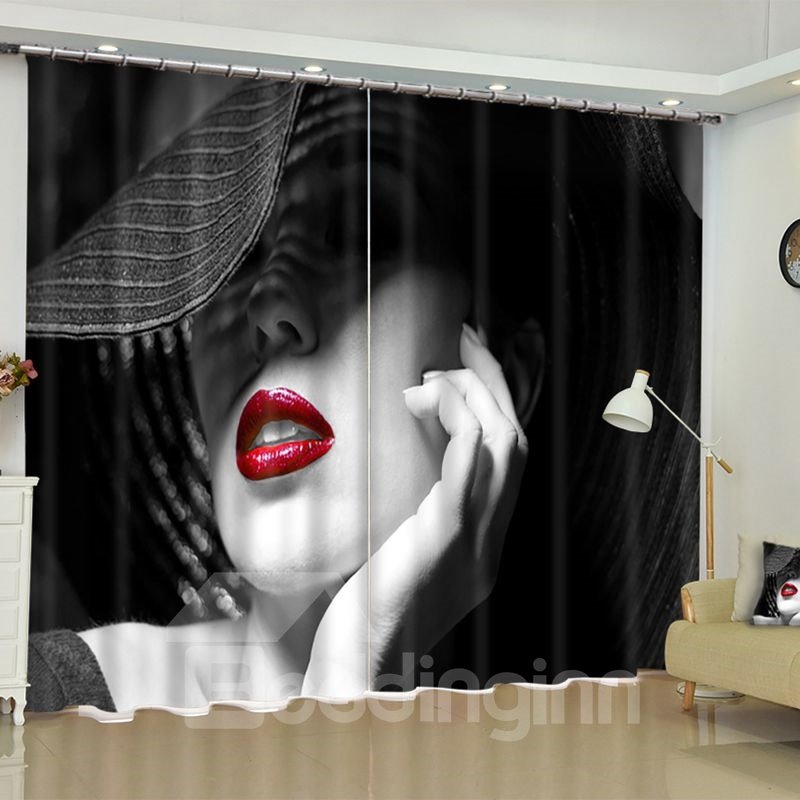 Vivid Masked Girl with Red Lips Printed 2 Panels Custom Curtain for Living Room