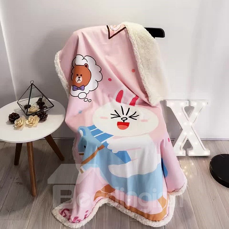 Rabbit Printed Polyester Nordic Style Pink Baby Blanket