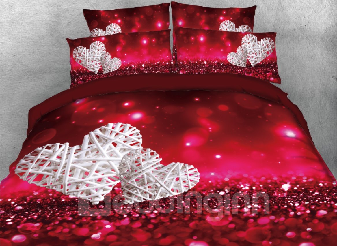 Love Heart Shape Bedrucktes 4-teiliges 3D-Bettwäsche-Set/Bettbezug-Set Valentinstagsgeschenk Rot 