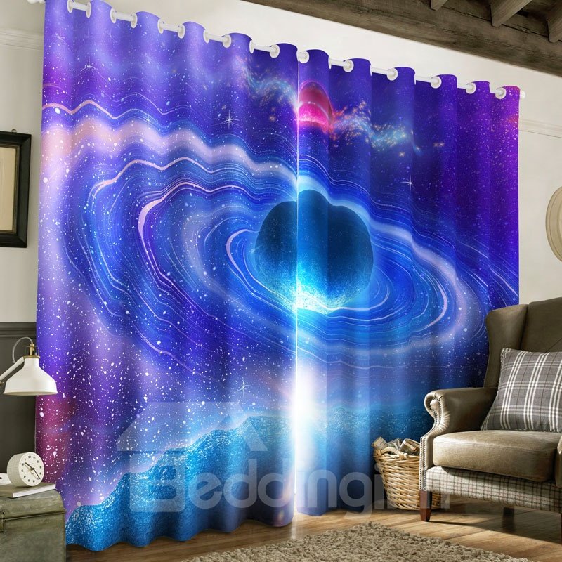 Resplendent Galaxy Scene Printed 2 Panels Thick Polyester Living Room Blackout Curtain