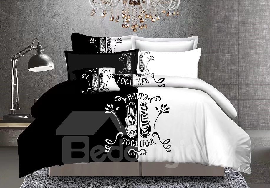 Couple Lovers Shoes Black and White Block 3-Piece Polyester Bedding Sets/Duvet Cover