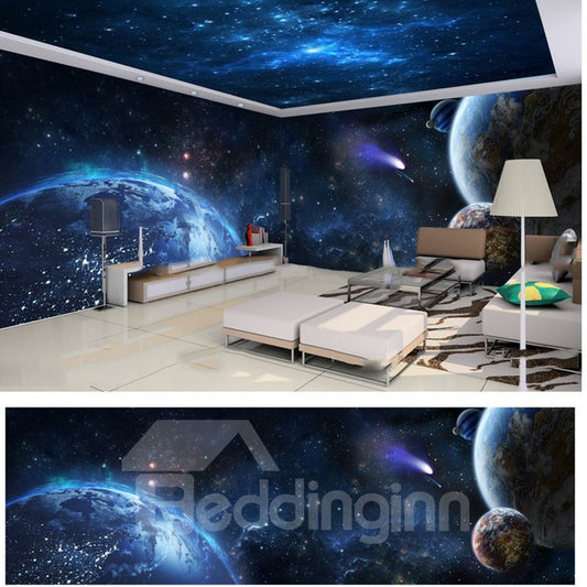 Blue Starry Sky with Planet Pattern 3D Waterproof Ceiling and Wall Murals