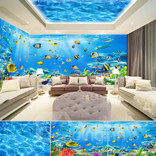 Murales de pared y techo impermeables 3D con estampado de mar y peces azules