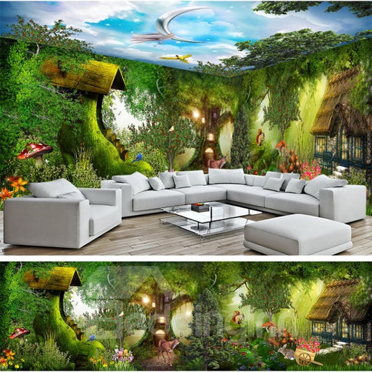 Blue Sky and Forests with Small Animals Pattern 3D Waterproof Ceiling and Wall Murals