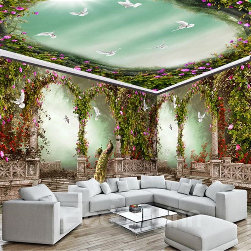 Grüner Gartenkranz mit Taubenmuster, wasserdichte 3D-Decken- und Wandgemälde