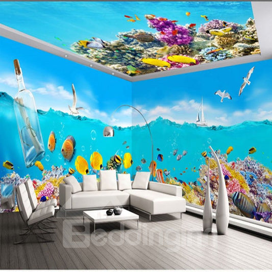 Green Sea and Colorful Coral with Drift Bottle Pattern 3D Waterproof Ceiling and Wall Murals