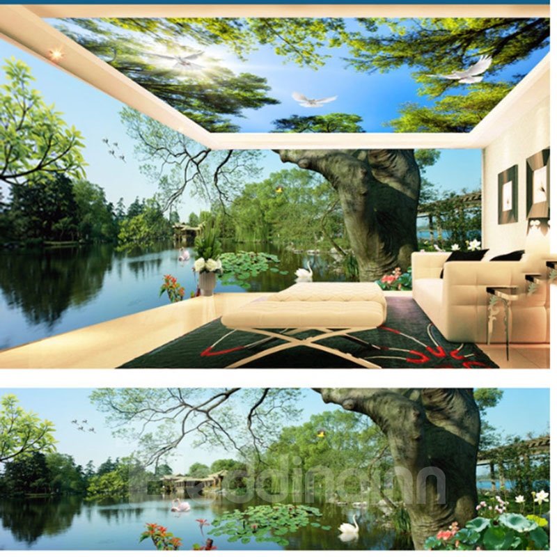 Blue Sky and Lake with Lotus Leaf Pattern 3D Waterproof Ceiling and Wall Murals