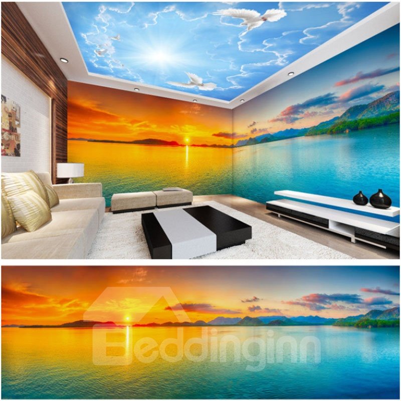 Murales de pared y techo impermeables 3D con patrón de cielo azul y puesta de sol