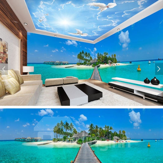 Blue Sky and Lake with Bridge Pattern 3D Waterproof Ceiling and Wall Murals