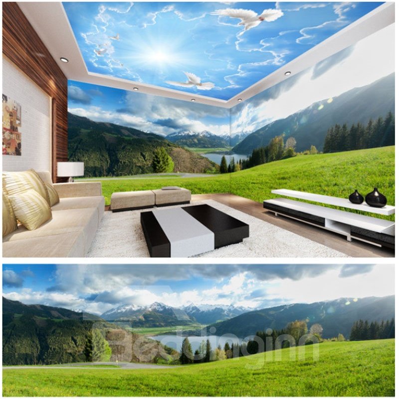 Blue Sky and Grass with Mountain Pattern 3D Waterproof Ceiling and Wall Murals