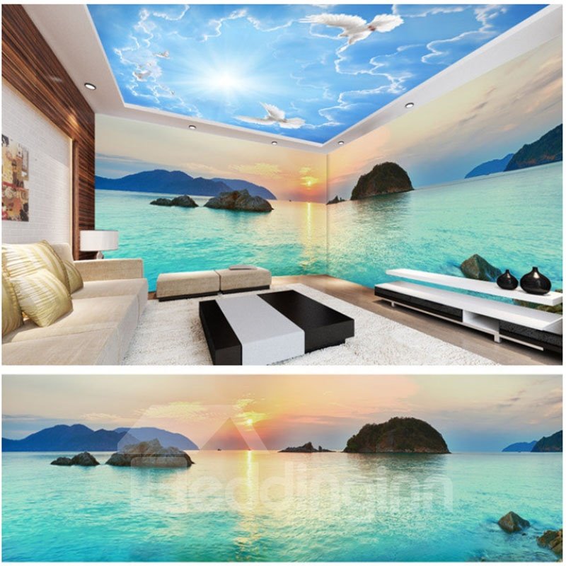 Murales de pared y techo impermeables 3D con diseño de cielo azul y lago con diseño de piedra