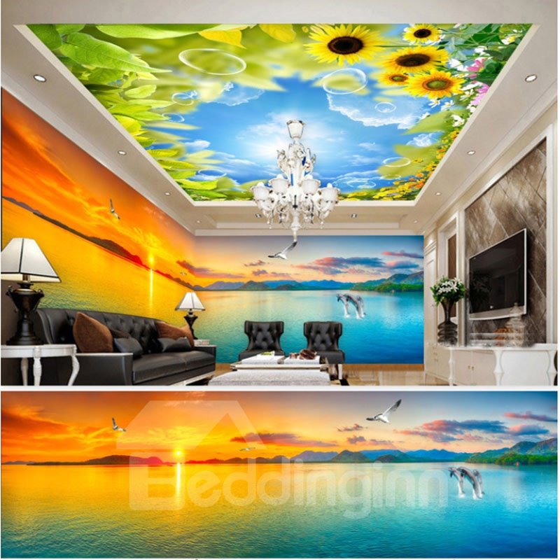 Blue Sky with Sunflower Sunset Pattern 3D Waterproof Ceiling and Wall Murals