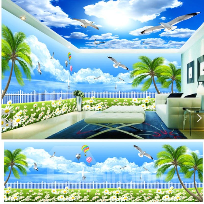Blauer Himmel und Kokosnussbaum mit Taubenmuster, wasserdichte 3D-Decken- und Wandgemälde