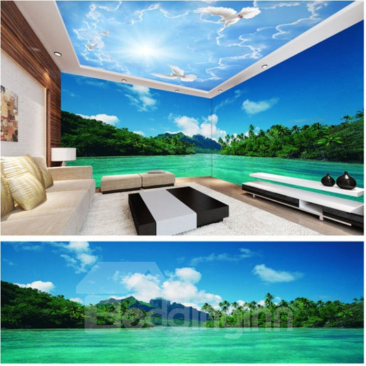 Murales de pared y techo impermeables 3D con diseño de cielo azul y árbol verde con diseño de lago