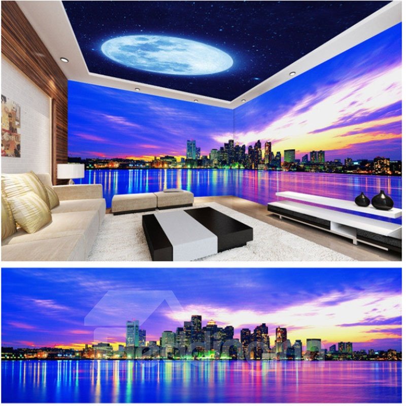 White Moon and Building with Cloud Pattern 3D Waterproof Ceiling and Wall Murals