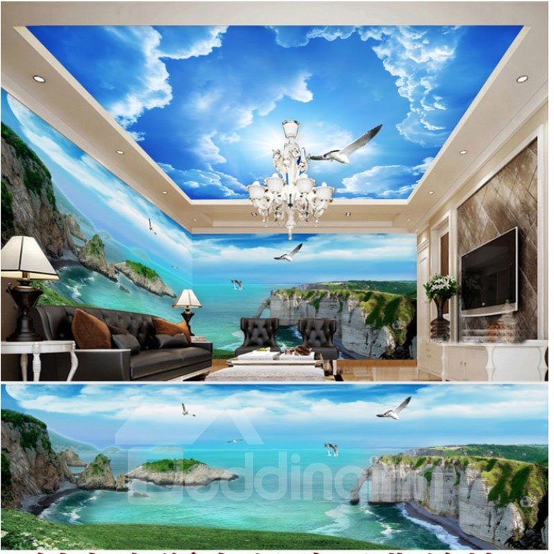 Blauer Himmel und Berg mit Taubenmuster, wasserdichte 3D-Decken- und Wandgemälde