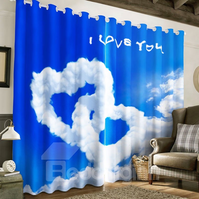 Simple White Clouds Hearts with Blue Sky 2 Panels Living Room and Bedroom Curtain