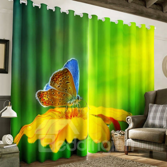 Cortina 3D con estampado de mariposa en flor dorada, 2 paneles para sala de estar y dormitorio