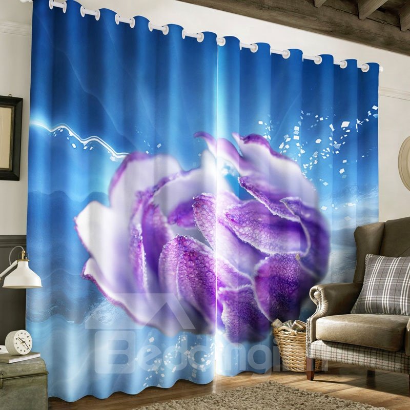 Dreamy Purple Rose Printed Thick Polyester Decorative and Blackout Bedroom Curtain