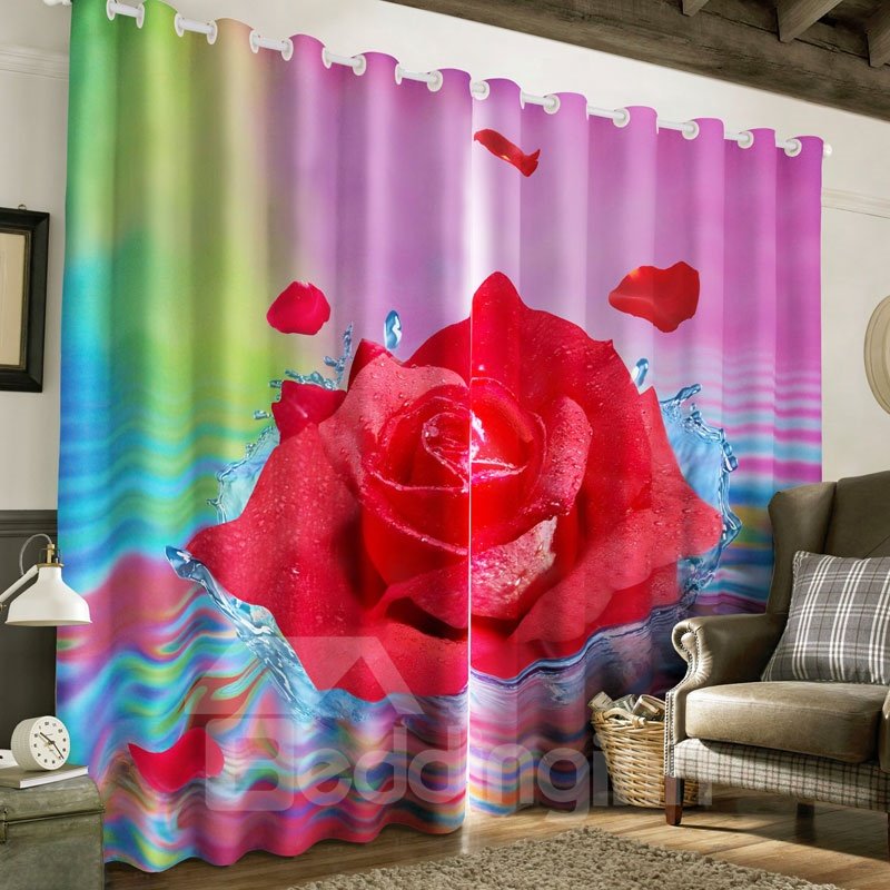 Cortina de sala de estar con 2 paneles, estilo romántico y campestre, 2 paneles, rosa roja fresca