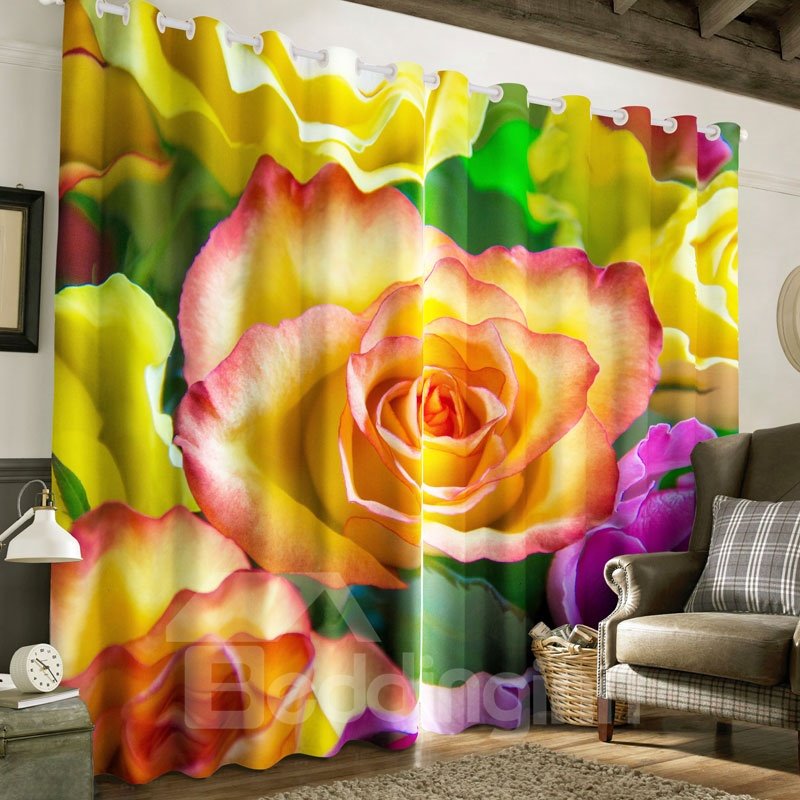 3D Blooming Rose Printed Pastoral Style 2 Panels Bedroom Window Drape