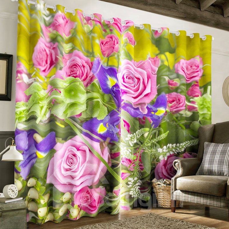 Cortina de salón con estampado de rosas rosadas y orquídeas moradas, estilo pastoral, 2 paneles