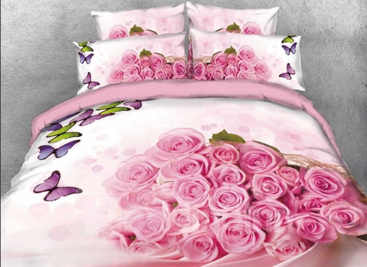 Vivilinen 3D Strauß rosa Rosen und bunte Schmetterlinge, 5-teiliges Bettdecken-Set