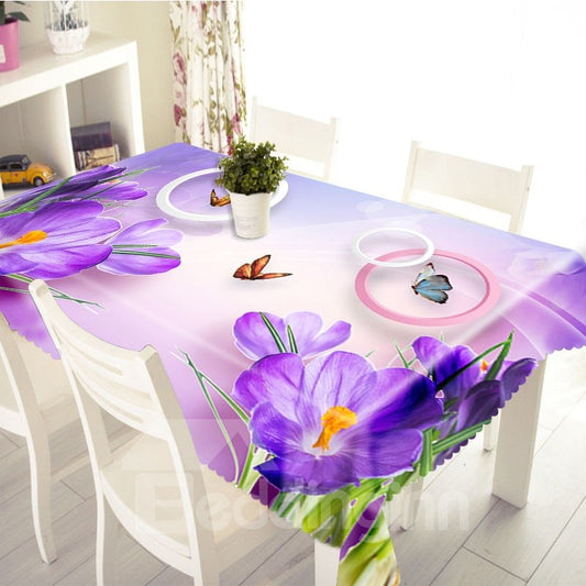 3D-Tischdecke aus dickem Polyester mit blühenden lila Blumen und Schmetterlingen