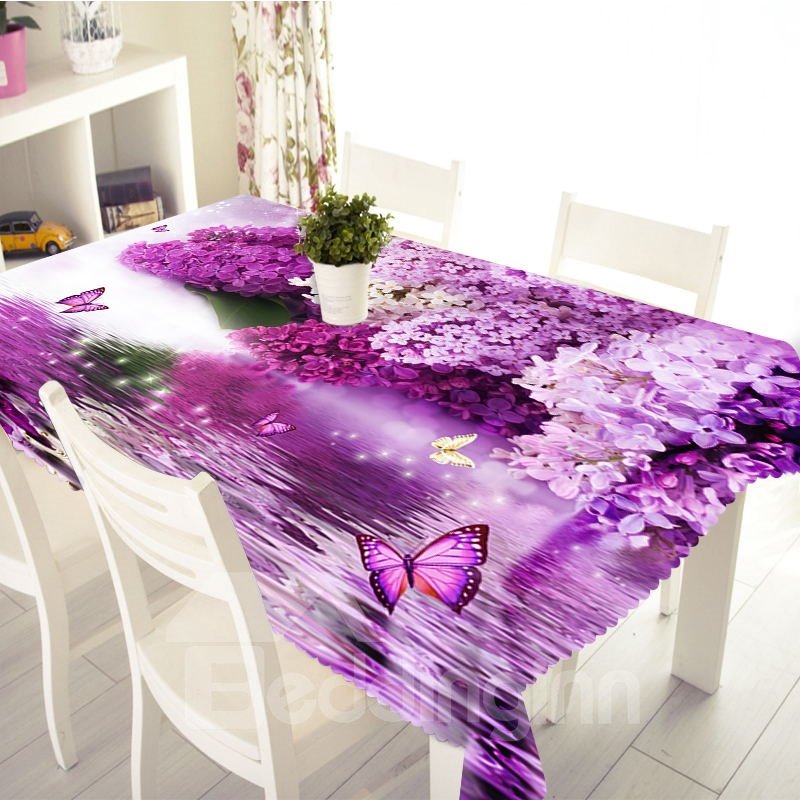3D-Tischdecke aus dickem Polyester mit violetten Blumen und Schmetterlingen, bedruckt