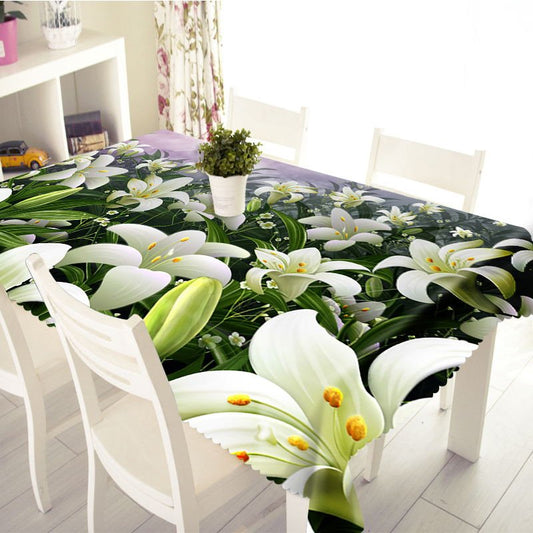 Paño de cubierta de mesa de poliéster grueso con estampado de flores blancas florecientes en 3D