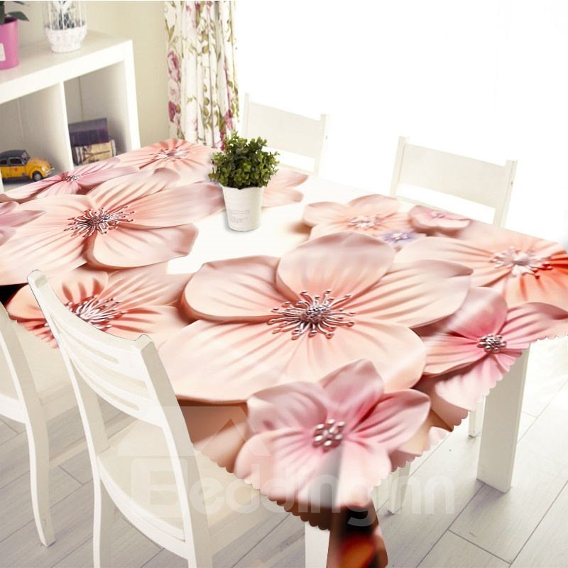 Paño de cubierta de mesa de poliéster grueso con estampado de pétalos de flores de color rosa vivo en 3D