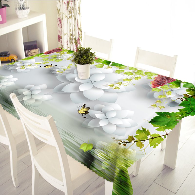 3D-Tischdecke aus dickem Polyester mit weißen Blumen und fliegenden Schmetterlingen, bedruckt