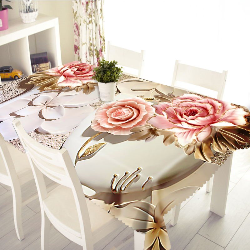 3D Vivid Engraving Flowers Printed Thick Polyester Table Cover Cloth