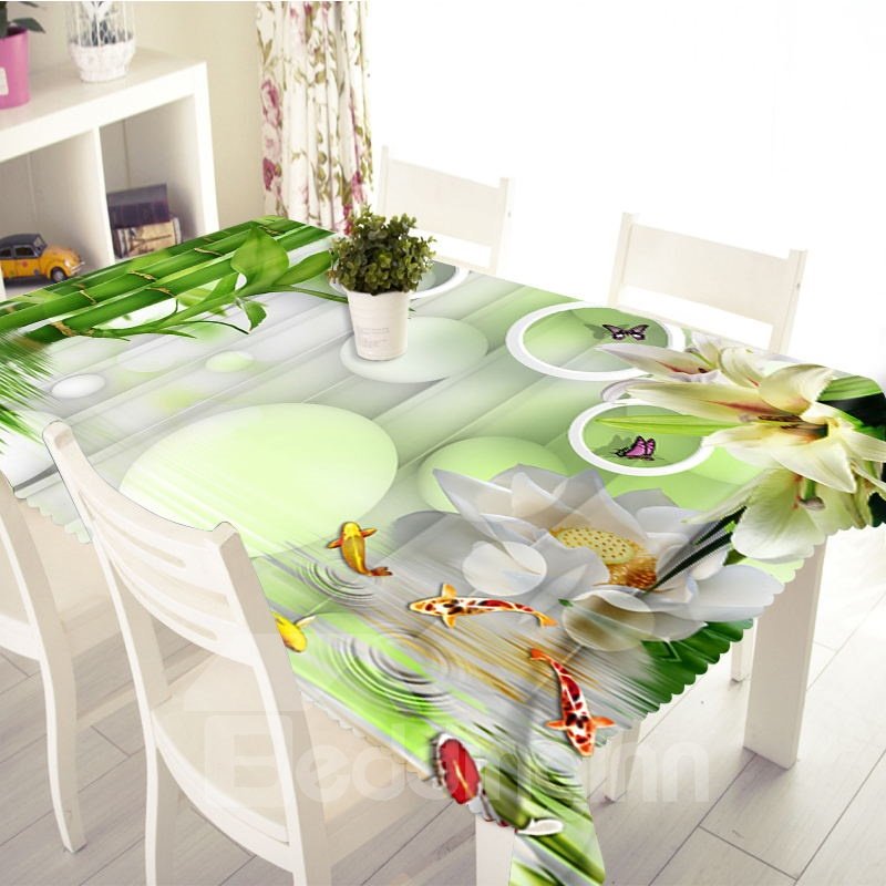 3D-Tischdecke aus dickem Polyester, bedruckt mit kleinen Fischen, die im Bambuswald schwimmen