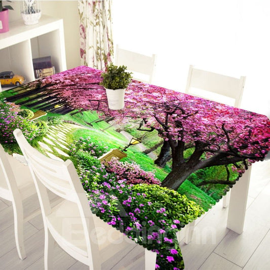 3D Romantic Cherry Avenue Printed Thick Polyester Table Cover Cloth