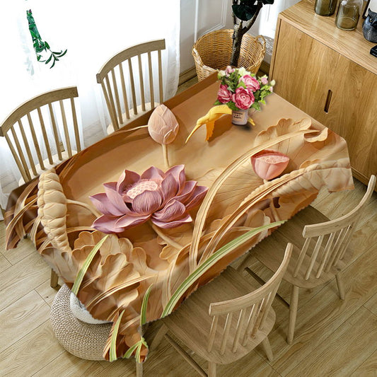 Paño de cubierta de mesa de poliéster grueso con estampado de loto tallado en madera delicado en 3D
