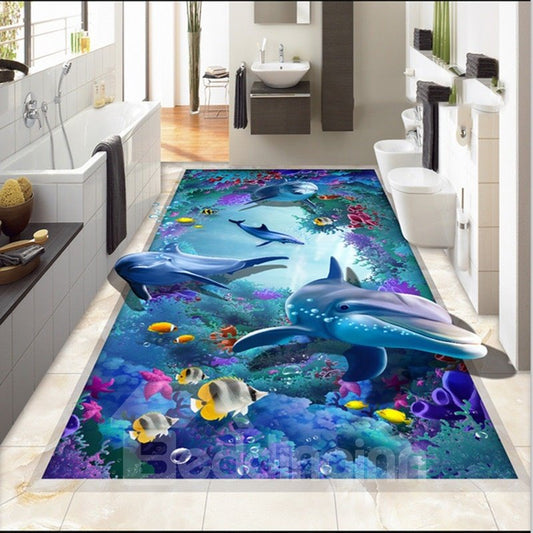 Murales artísticos de suelo azul, autoadhesivos, antideslizantes, impermeables, con patrón de coral, delfines y pesca coloridos en 3D