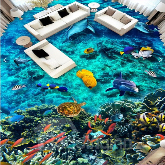Murales artísticos de suelo azul, autoadhesivos, impermeables, antideslizantes, con delfines de aguas profundas en 3D y tipos de peces