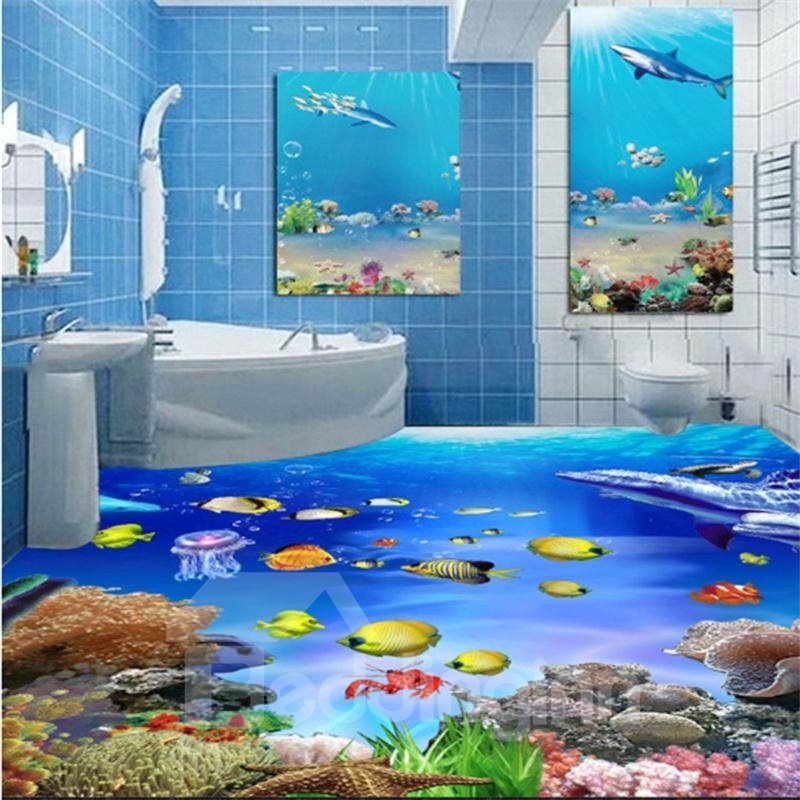 3D Ocean Dolphins and Marine Life Pattern Waterproof Nonslip Self-Adhesive Blue Floor Art Murals