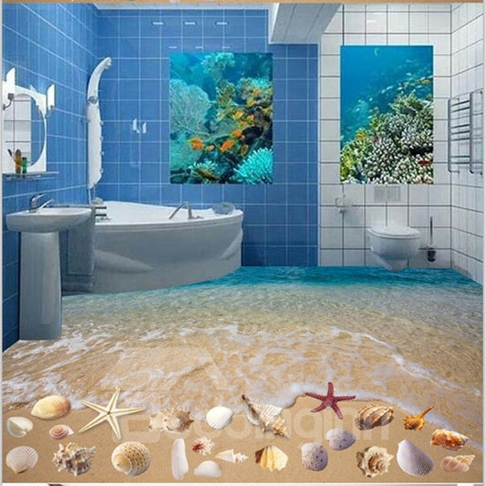Murales artísticos de suelo azul autoadhesivos antideslizantes impermeables con diseño de agua de mar y estrellas de mar de colores en 3D