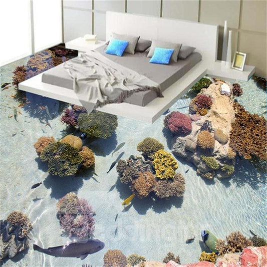 3D bunte Korallen- und Meerwassermuster, wasserdichte, rutschfeste, selbstklebende Bodenkunst-Wandbilder