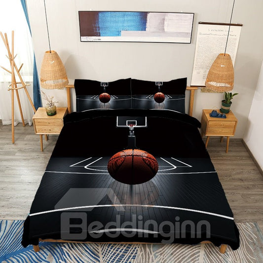 Basketball auf dem Platz, bedruckte 4-teilige 3D-Bettwäsche-Sets/Bettbezüge in Schwarz 