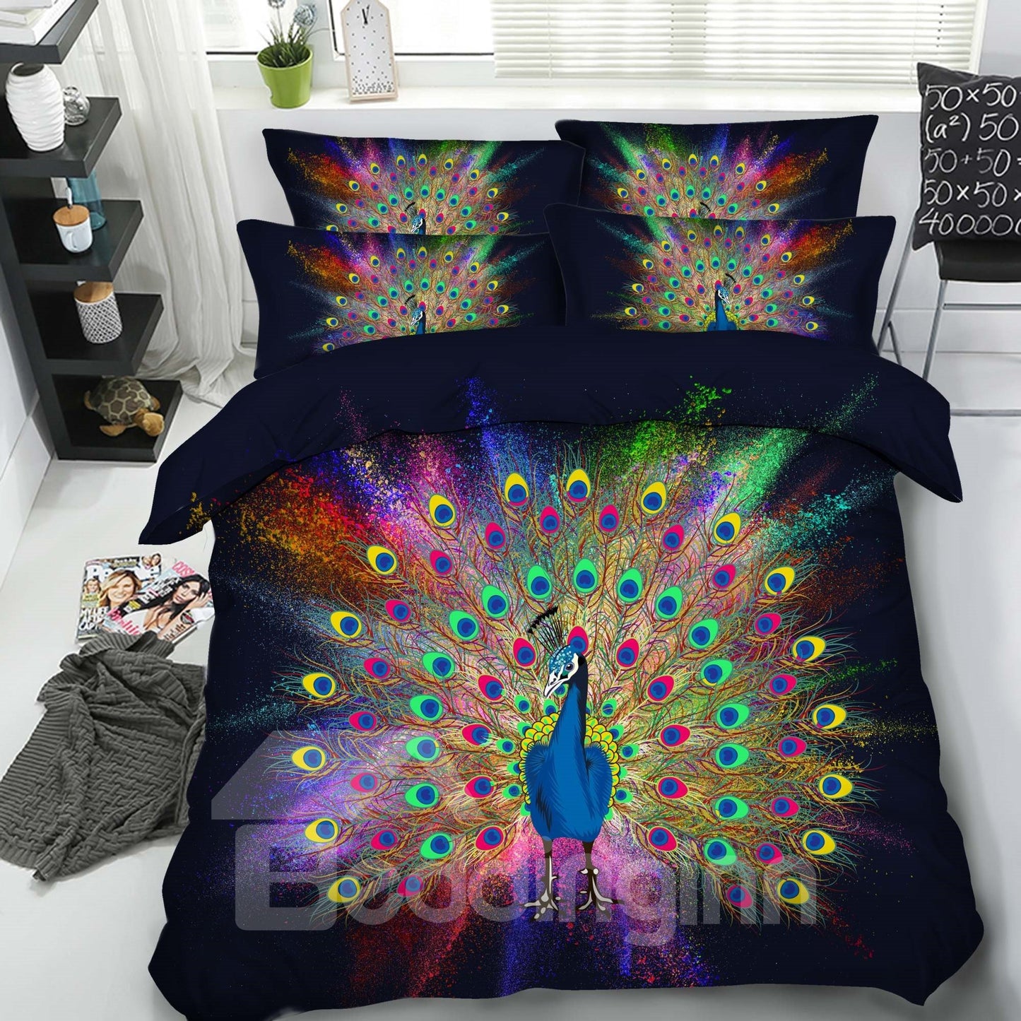 Multifarious Peacock Printed 4-Piece Black 3D Bedding Sets/Duvet Covers