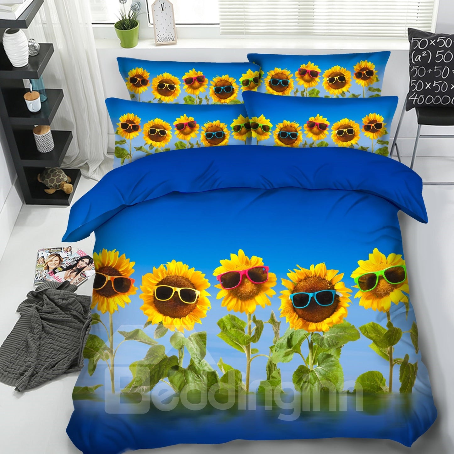 Sonnenblumen mit Sonnenbrille unter dem Himmel, bedruckte 4-teilige 3D-Bettwäsche-Sets/Bettbezüge