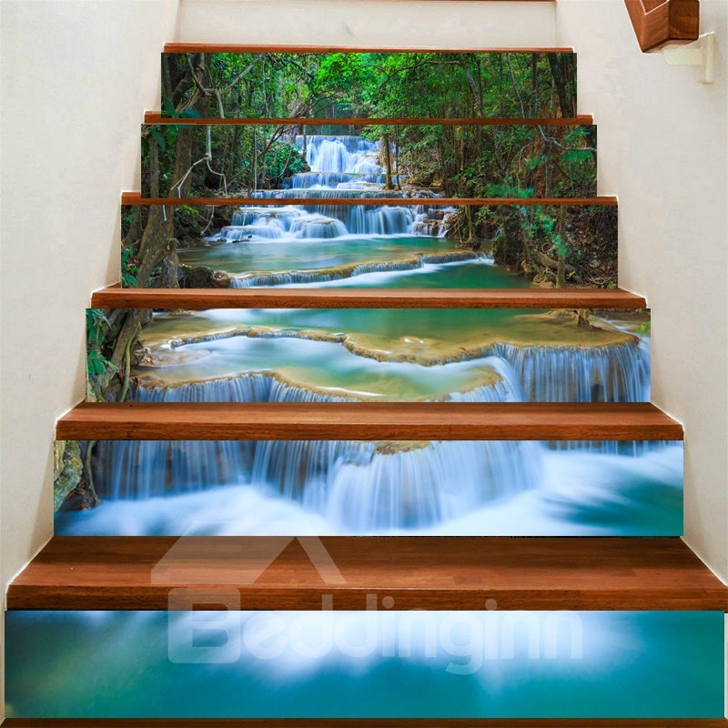 3D Waterfall and Tree 6-Piece PVC Waterproof Eco-friendly Self-Adhesive Stair Mural