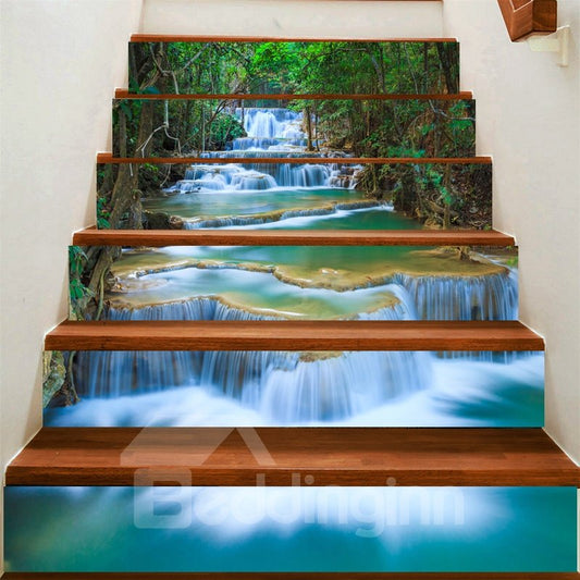 3D-Wasserfall und Baum, 6-teiliges, wasserfestes, umweltfreundliches, selbstklebendes Treppenwandbild aus PVC