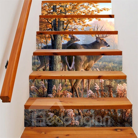 Mural de escalera autoadhesivo ecológico impermeable de PVC de 6 piezas con ciervo y árbol en 3D