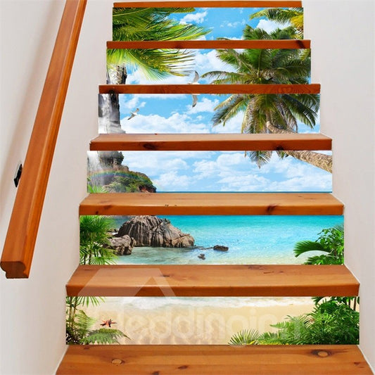 3D Seaside with Coconut Trees 6-Piece PVC Waterproof Eco-friendly Self-Adhesive Stair Mural