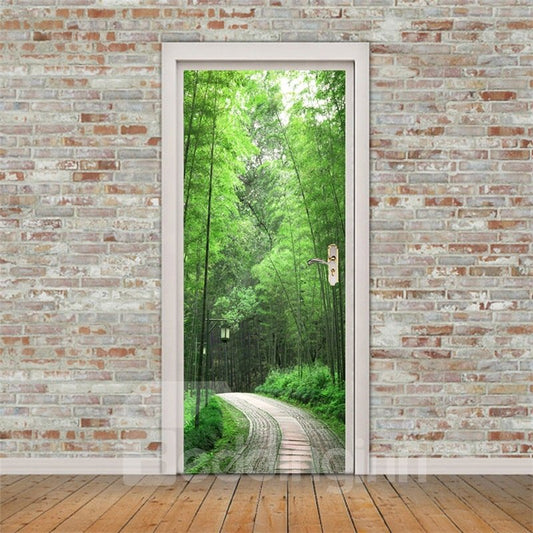 Mural de puerta 3D ambiental e impermeable de PVC con sendero forestal de bambú de 30 × 79 pulgadas