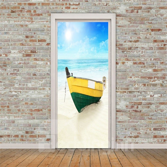 Mural de puerta 3D ambiental e impermeable de PVC con barcos amarillos en la playa de 30 × 79 pulgadas